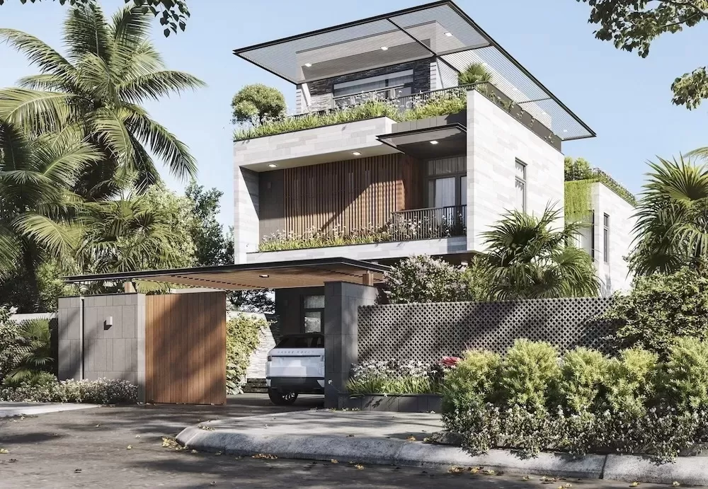Thiết kế nhà phố 3 tầng 10x10m hình vuông hiện đại