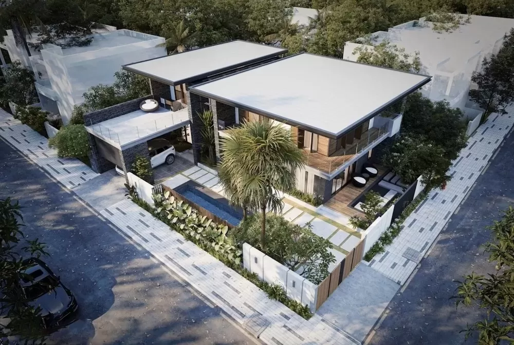 Thiết kế sân vườn 240m2 biệt thự góc 2 tầng mái bằng hiện đại