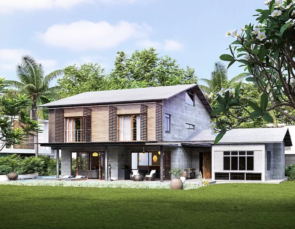 Nhà sân vườn 2 tầng bằng đá phong cách nhiệt đới hiện đại
