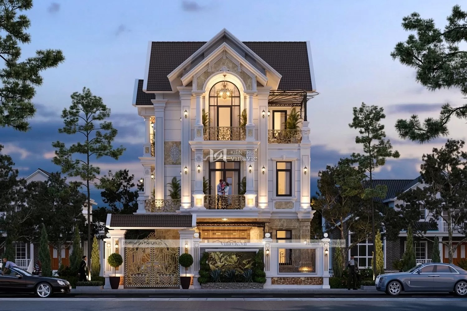 Phối cảnh ngoài ngôi nhà biệt thự 3 tầng tân cổ điển mái thái