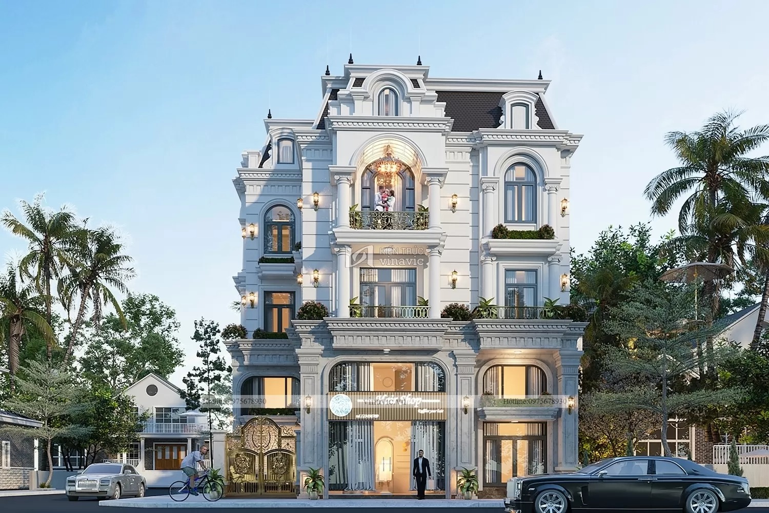 Cửa kính cao với hai cột trụ cho ta cảm giác không gian đẳng cấp biệt thự phố kiểu Châu Âu tân cổ điển