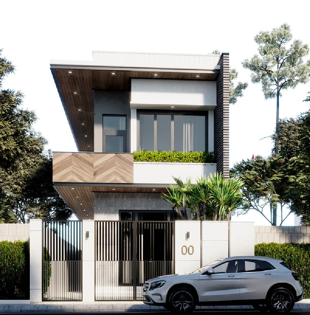 Phối cảnh mặt tiền mẫu nhà mái bằng đẹp 2 tầng