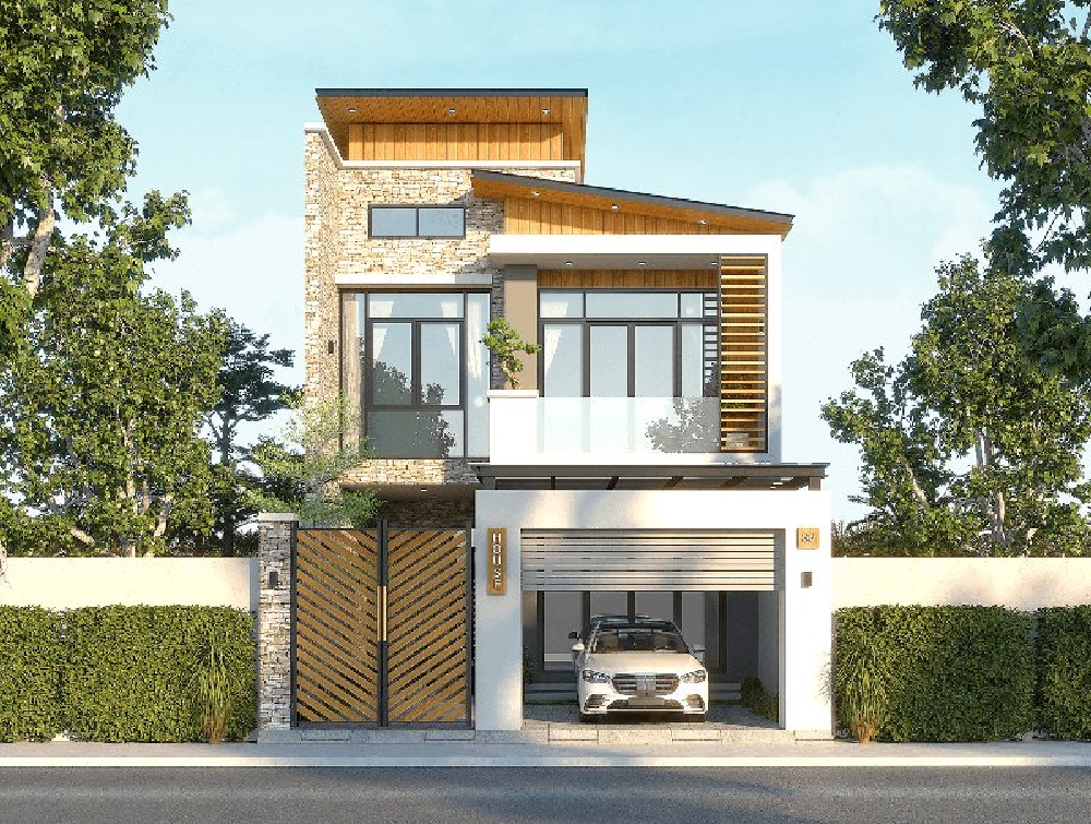 Thiết kế hệ mái lệch ấn tượng giúp tôn lên vẻ đẹp độc đáo cho mẫu thiết kế này.