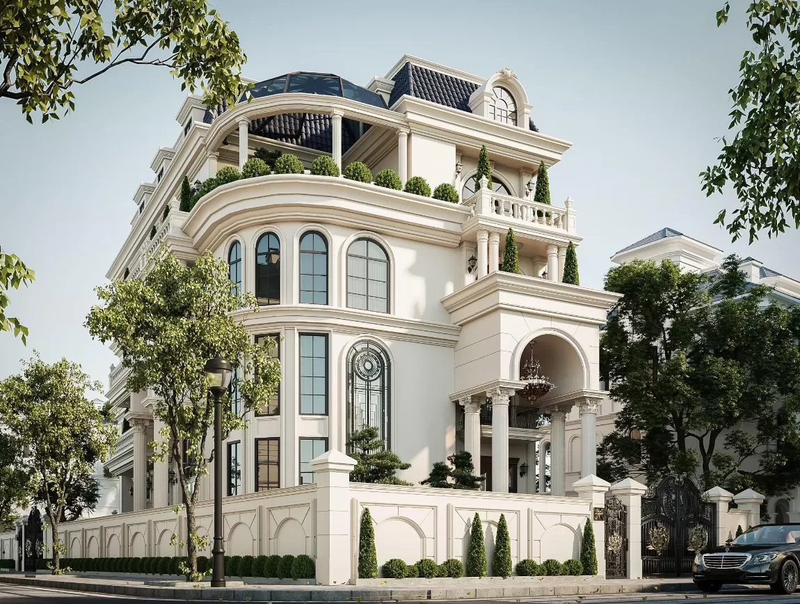 Mẫu thiết kế lâu đài mini kiểu Pháp tân cổ điển sân vườn 3 tầng 1 tum 2 mặt tiền