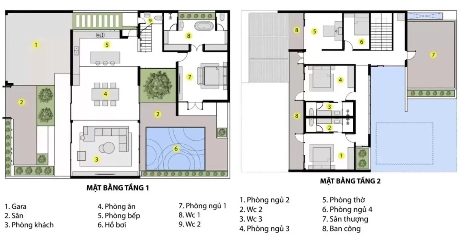 Mặt bằng sân vườn và nội thất tầng trệt, lầu 1 nhà lô góc sân vườn