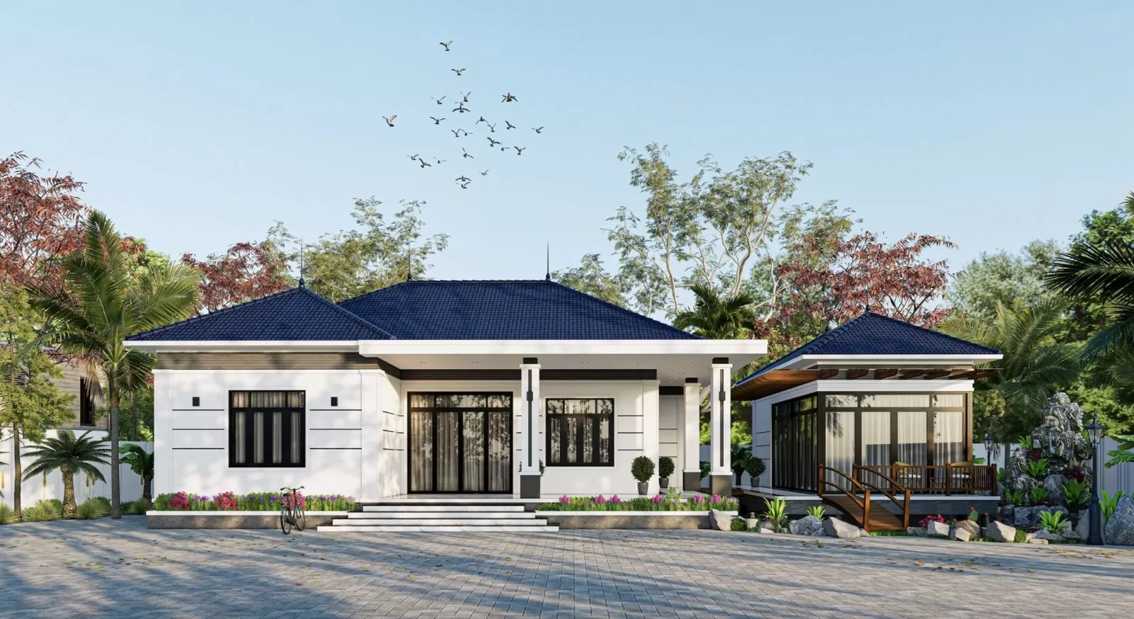 Nhà vườn 150m2 mái nhật 1 tầng 5 phòng ngủ có ao cá Koi trước nhà