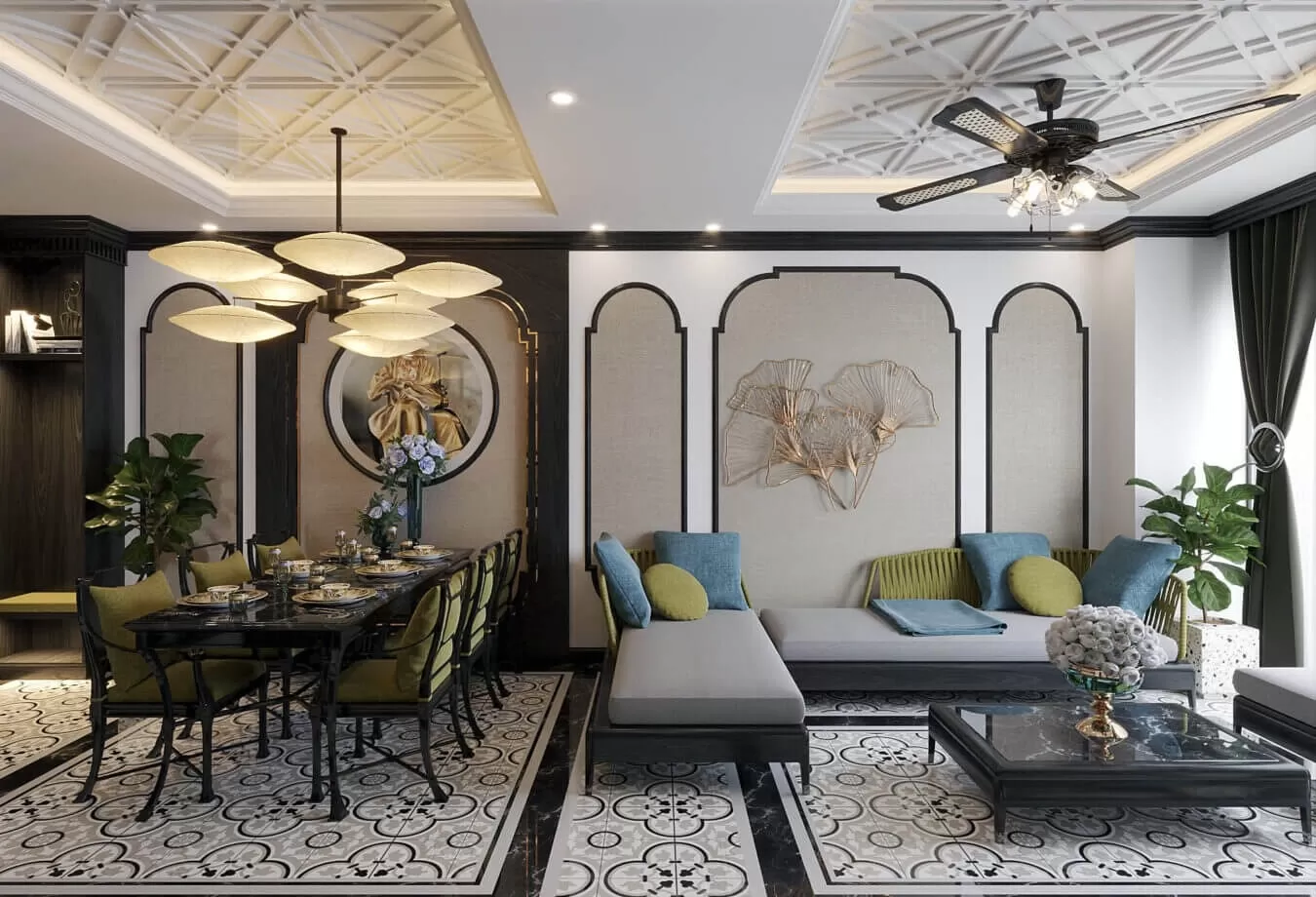 Không gian sinh hoạt chung mẫu villa kiến trúc Indochine