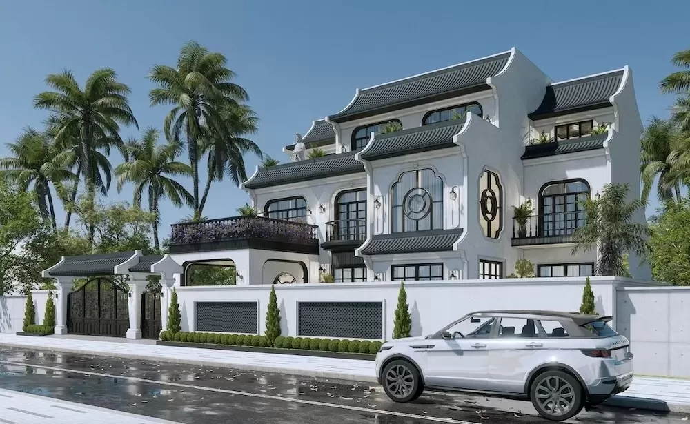 Không gian ngoại thất villa kiểu phong cách Indochine thoáng đãng và xanh mát