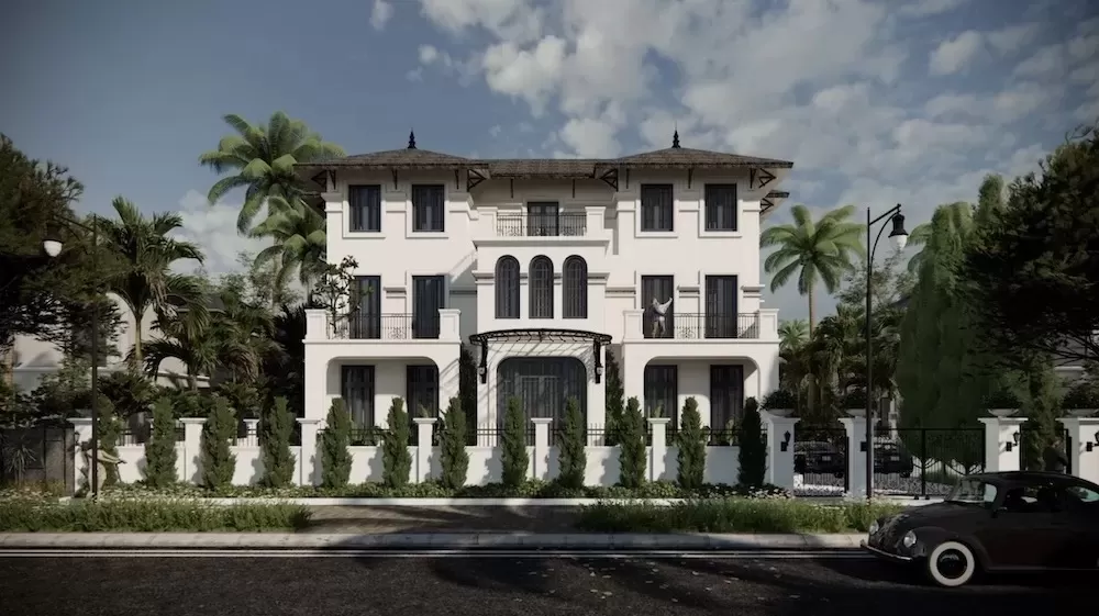 Mặt đứng mặt tiền của căn villa indochine style thiết kế đăng đối