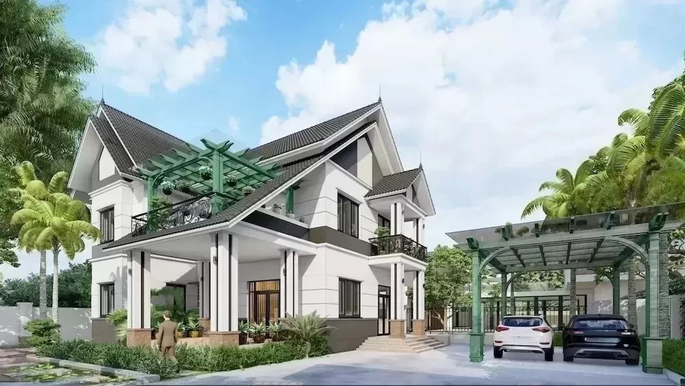 Mẫu nhà 2 tầng có gác lửng mái thái sân vườn