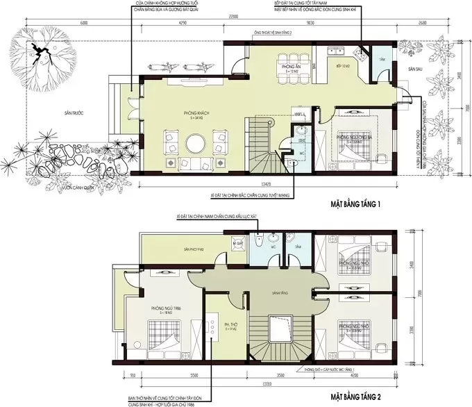 Bản vẽ mặt bằng mẫu thiết kế nhà 2 tầng 4 phòng ngủ 7x16m