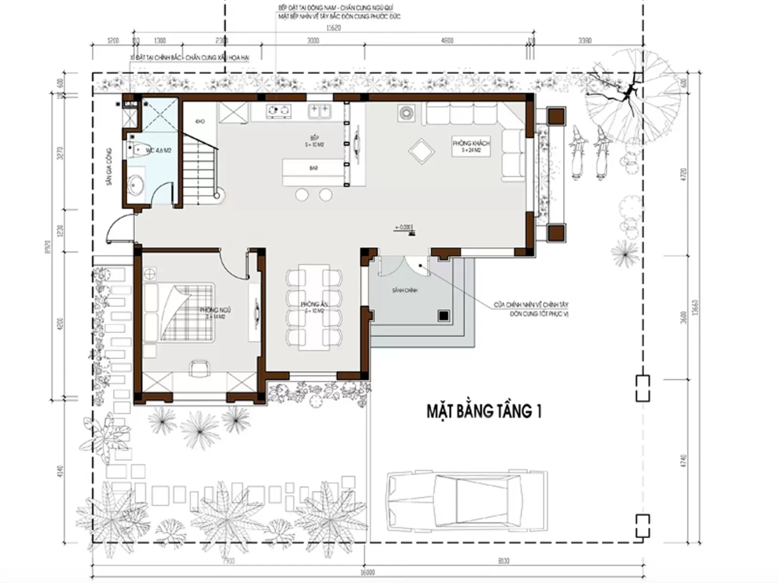 Bản vẽ thiết kế tầng 1 nhà 2 tầng 7x16m mái thái