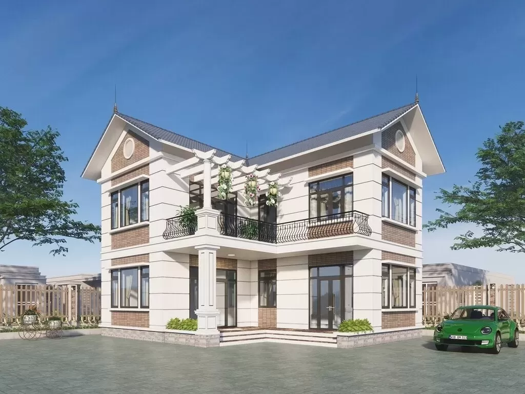 Mẫu nhà 2 tầng chữ L đẹp diện tích 112m2 chiều ngang 7m mặt tiền