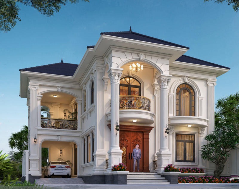 Thiết kế nhà chữ L 2 tầng 80m2 phong cách tân cổ điển có gara rộng