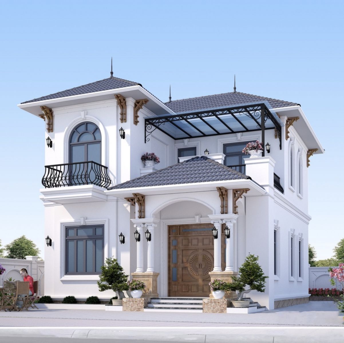 Thiết kế nhà 2 tầng tân cổ điển 80m2 3 phòng ngủ