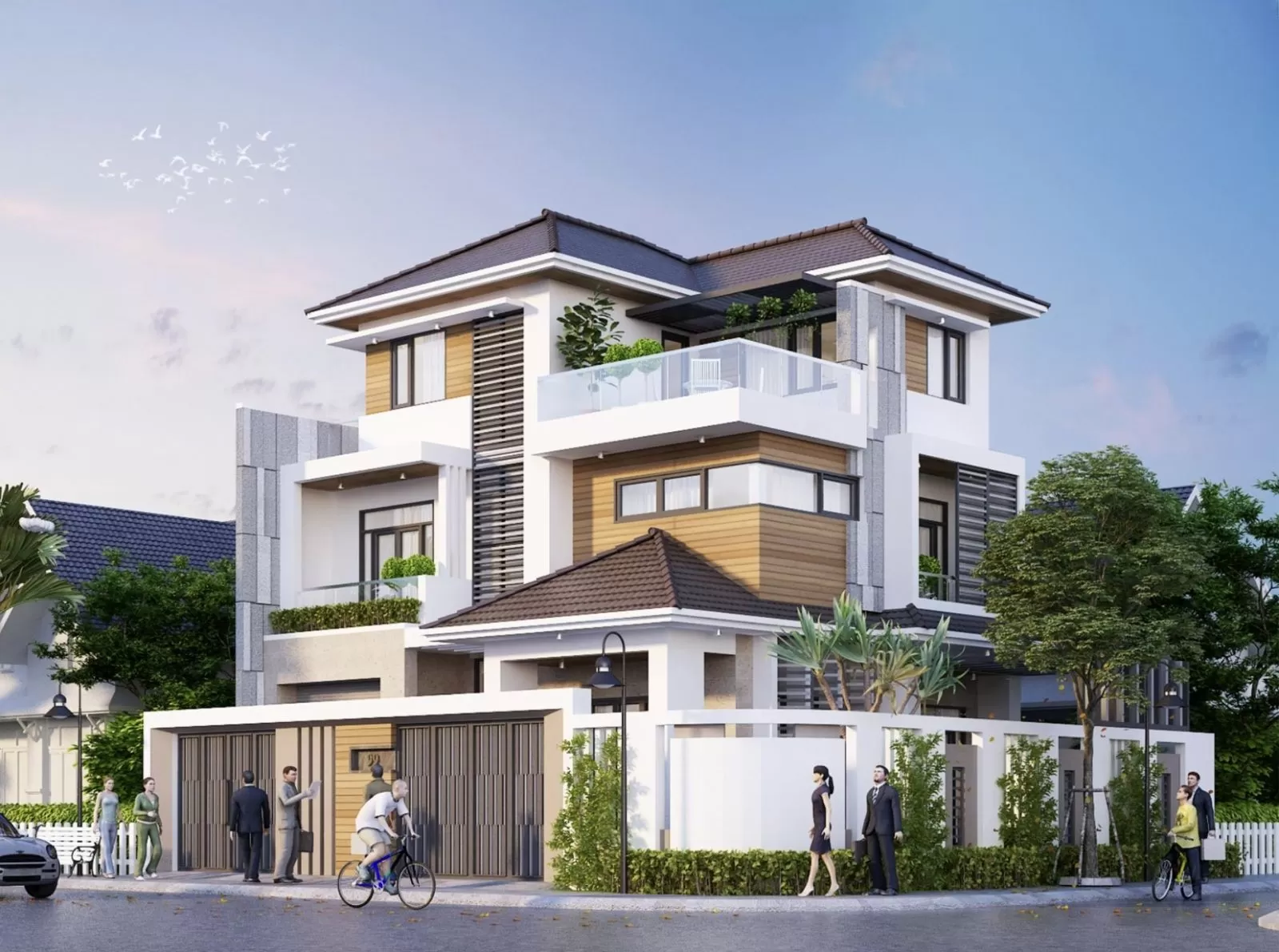 Mẫu nhà phố 3 tầng hiện đại bố trí cổng và cửa sổ thuận hướng gió và ánh sáng