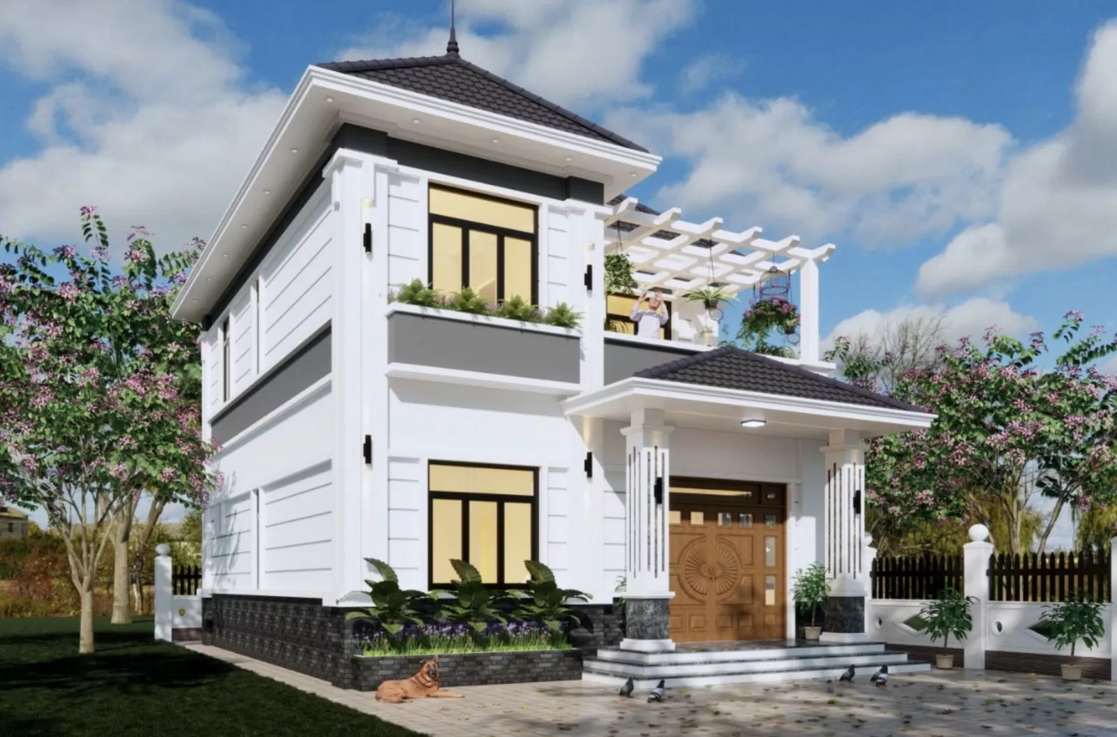 Nhà 2 tầng mái nhật đẹp có cửa gỗ mang lại nhiều tài lộc