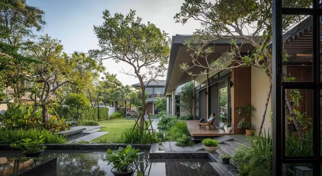 Thiết kế nhà vườn có hồ nước hợp phong thuỷ