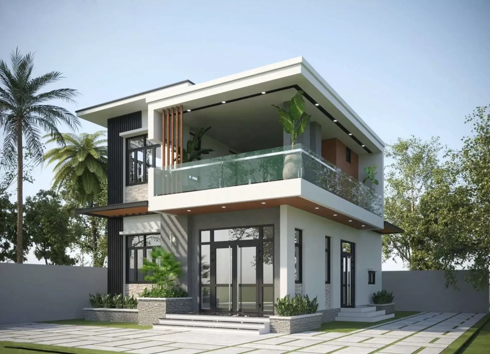 Mẫu nhà mái bằng 2 tầng ở nông thôn thiết kế vuông vức, nhỏ gọn