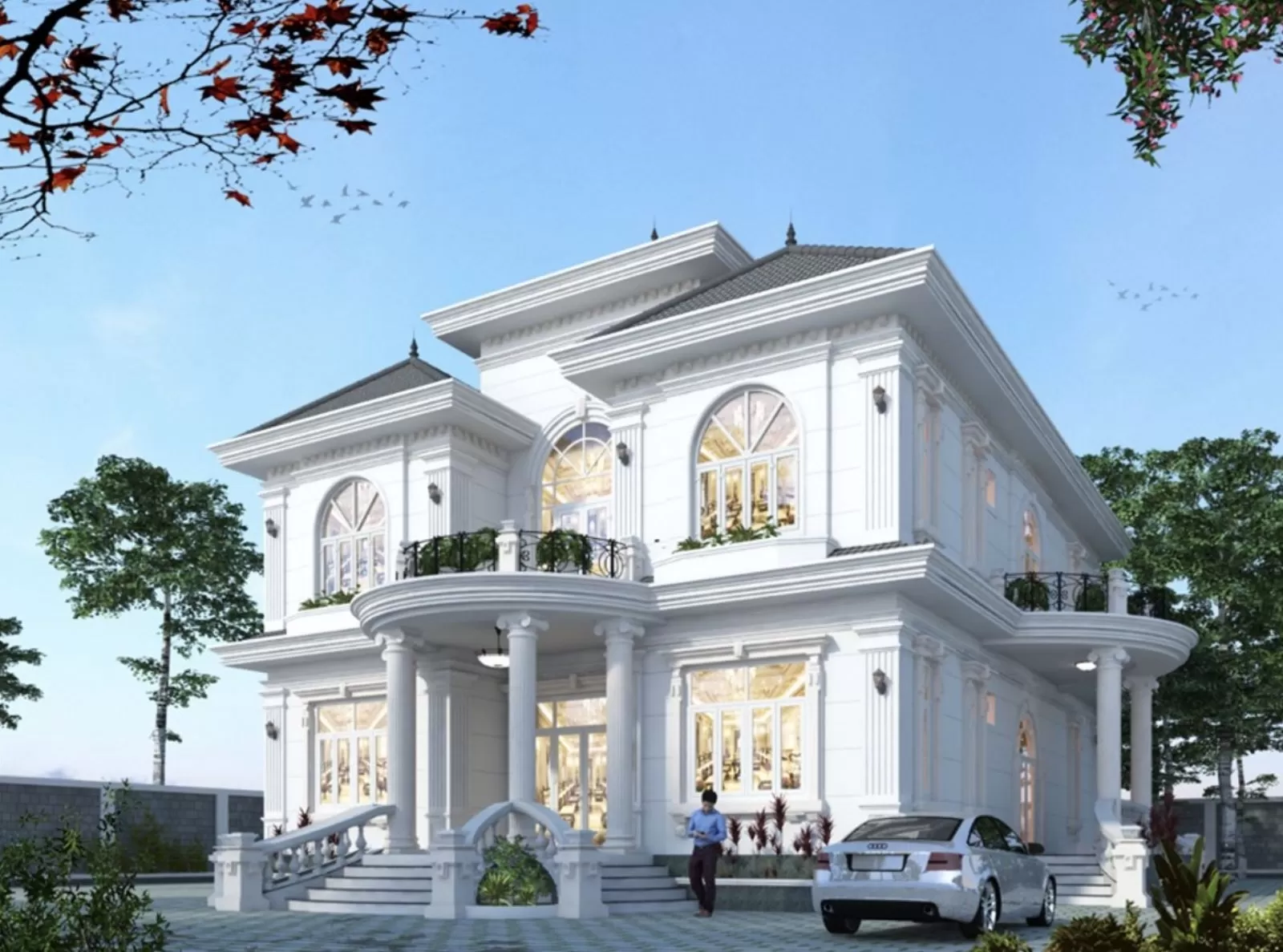 Mẫu nhà vuông 2 tầng nông thôn đẹp sang trọng phong cách tân cổ điển