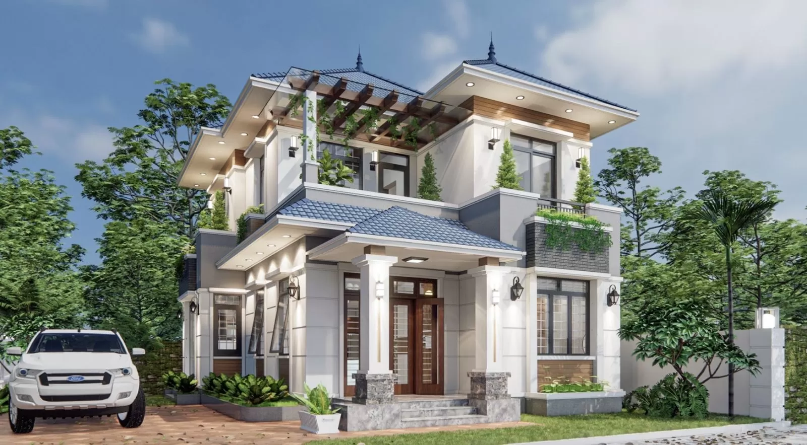 Mẫu nhà vườn 2 tầng mái nhật đẹp trẻ trung ở nông thôn