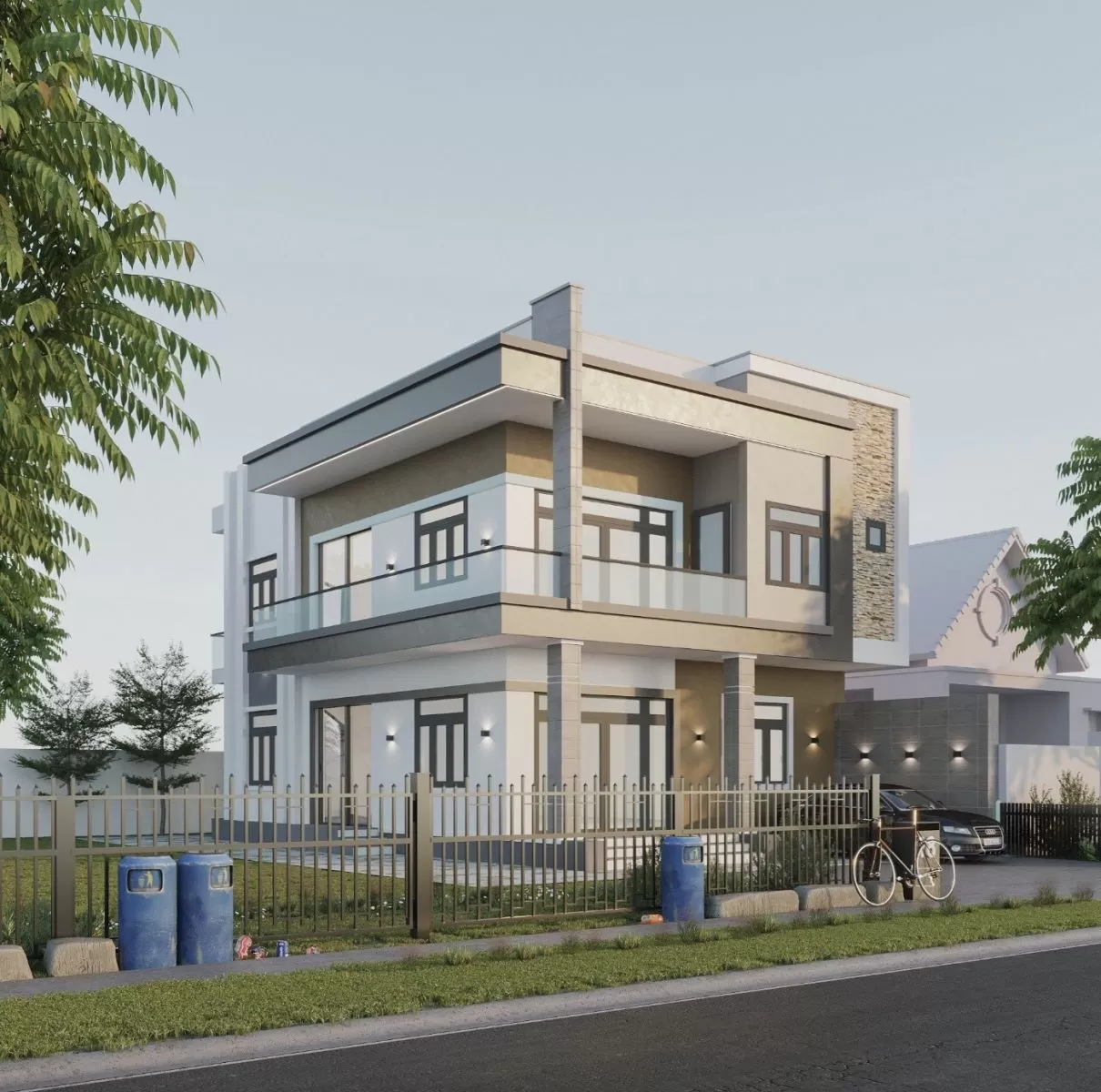 Thiết kế nhà vuông 2 tầng đẹp đơn giản hiện đại ở nông thôn