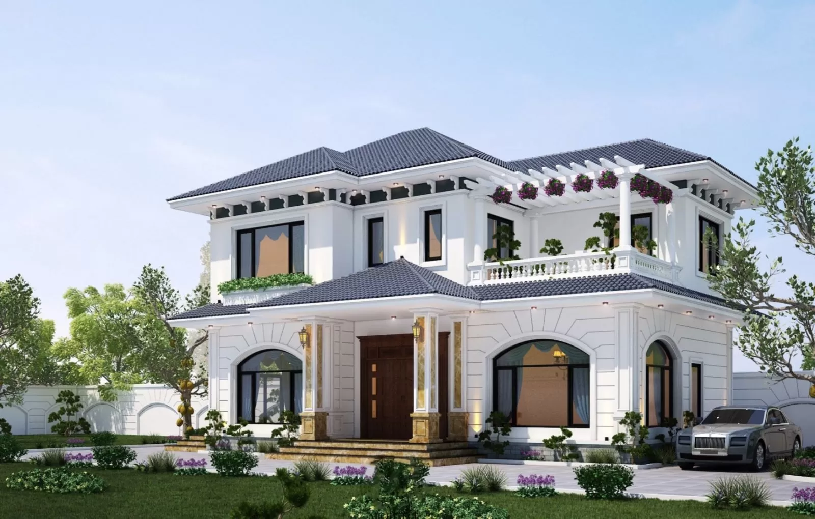 Mẫu thiết kế nhà 2 tầng 100m2 hình vuông ở nông thôn kiểu Pháp đẹp có sân vườn