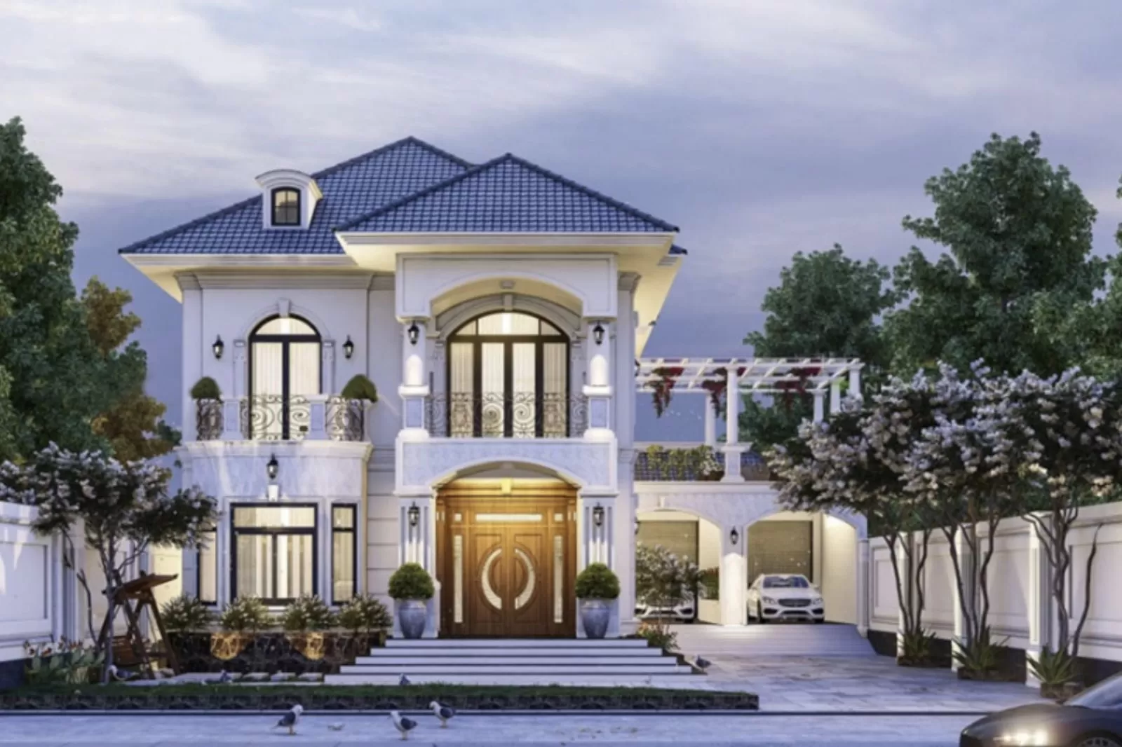 Mẫu nhà vuông 2 tầng đẹp ở nông thôn phong cách tân cổ điển