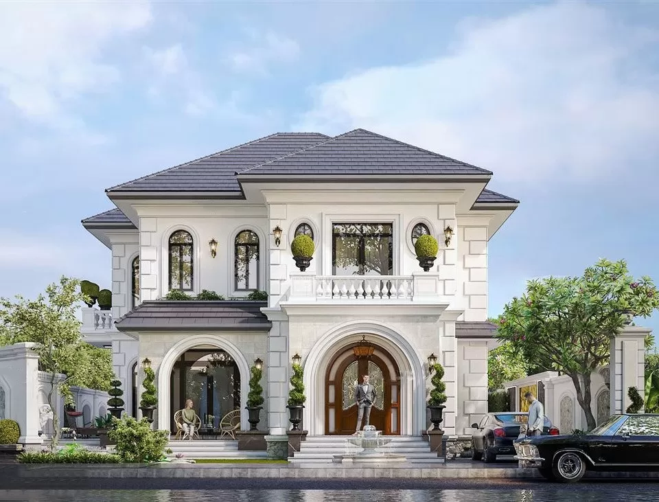 Nhà vuông 2 tầng mái nhật mặt tiền 8m đẹp ở nông thôn