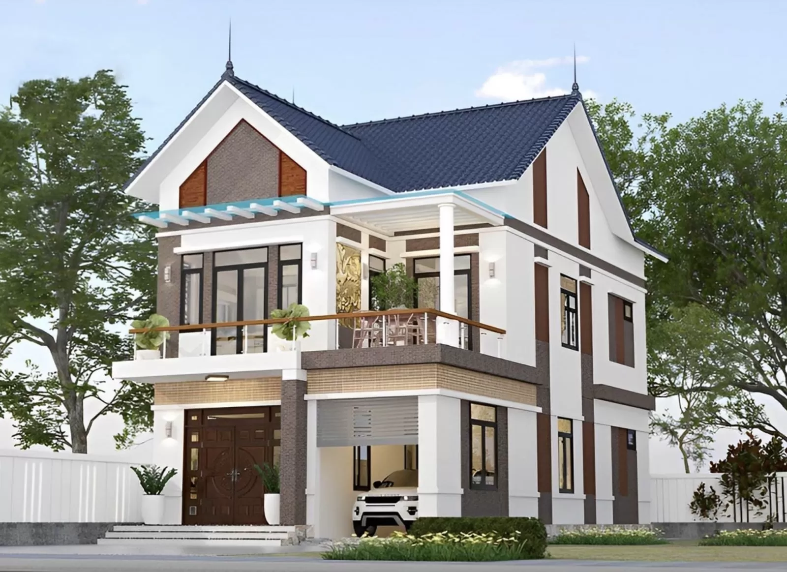 Mẫu nhà thiết kế hình vuông 2 tầng 800 triệu mái thái đẹp hiện đại ở nông thôn