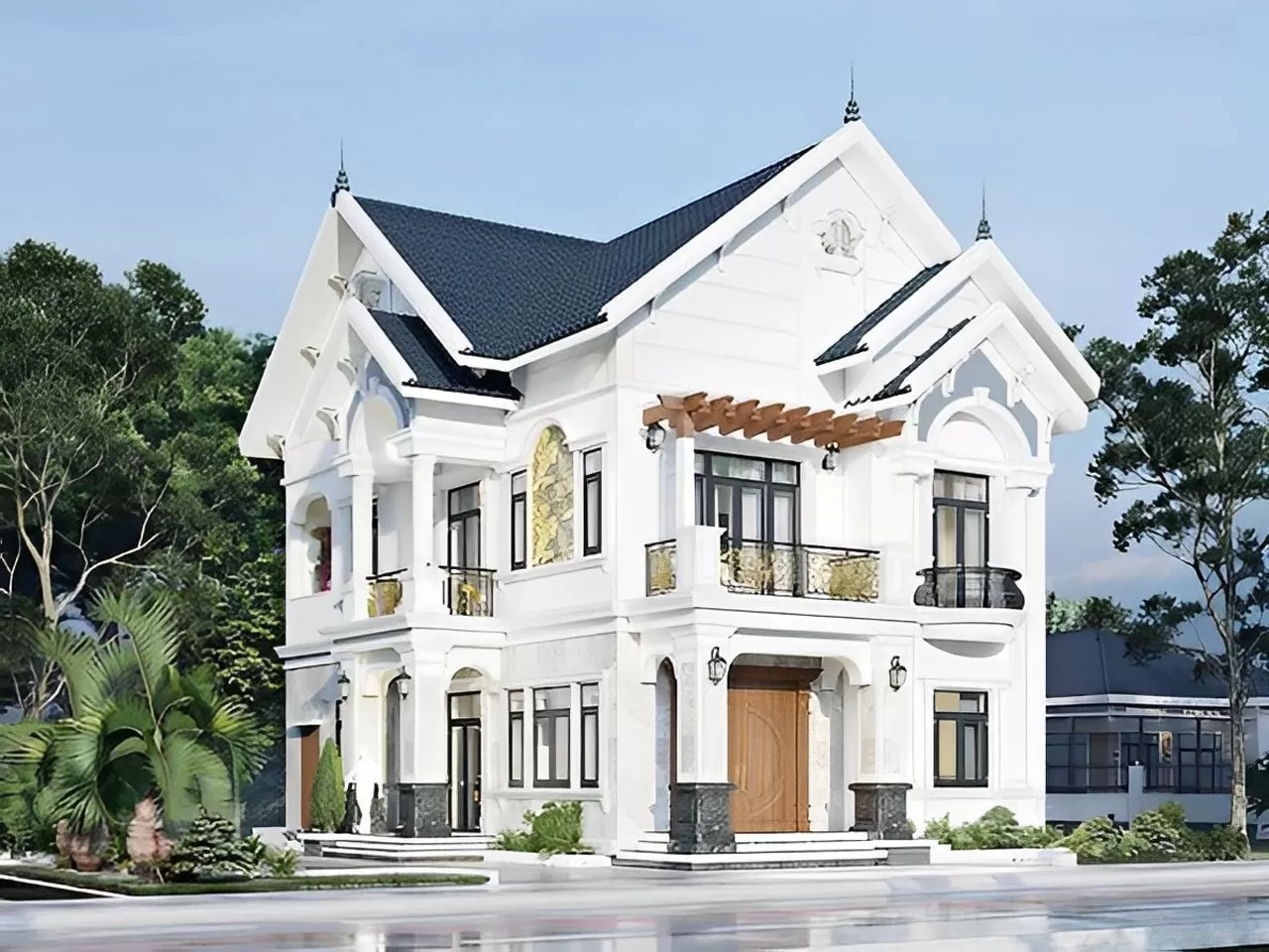 Thiết kế nhà vuông 2 tầng đẹp sang trọng mái thái ở nông thôn