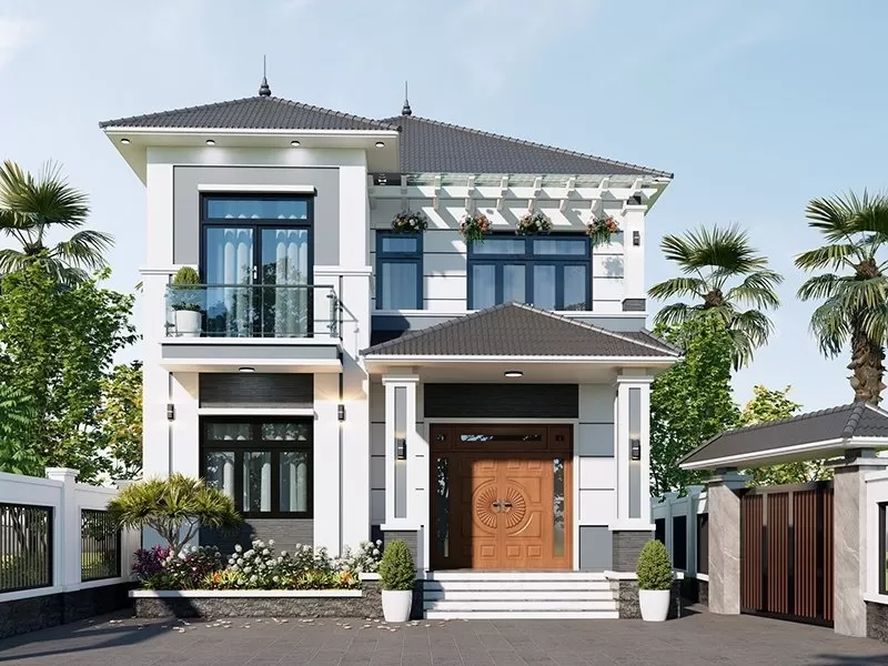Mẫu nhà vuông 2 tầng nông thôn có không gian xanh thoáng mát