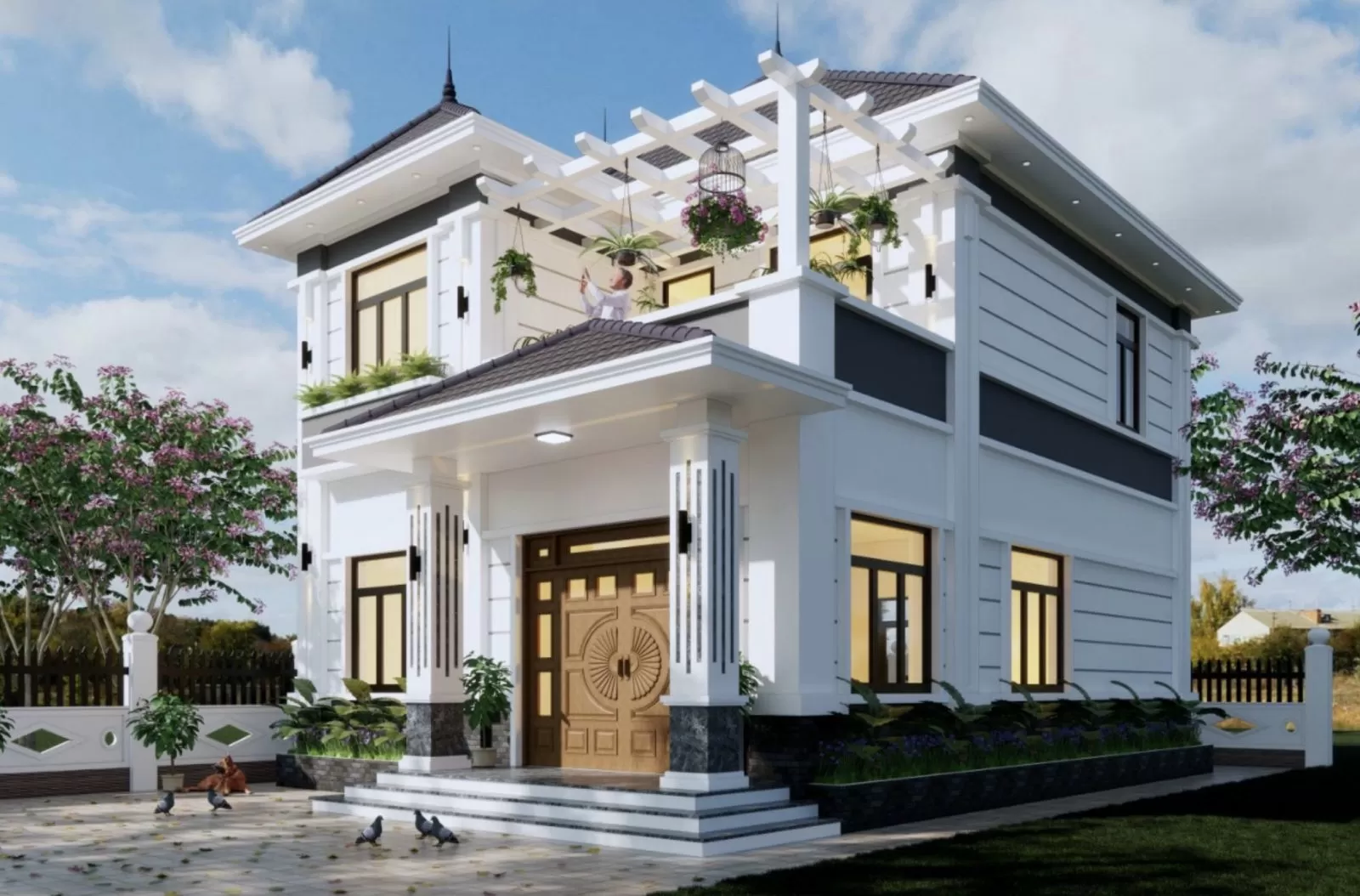 Mẫu nhà vuông 2 tầng đẹp đơn giản hiện đại ở nông thôn