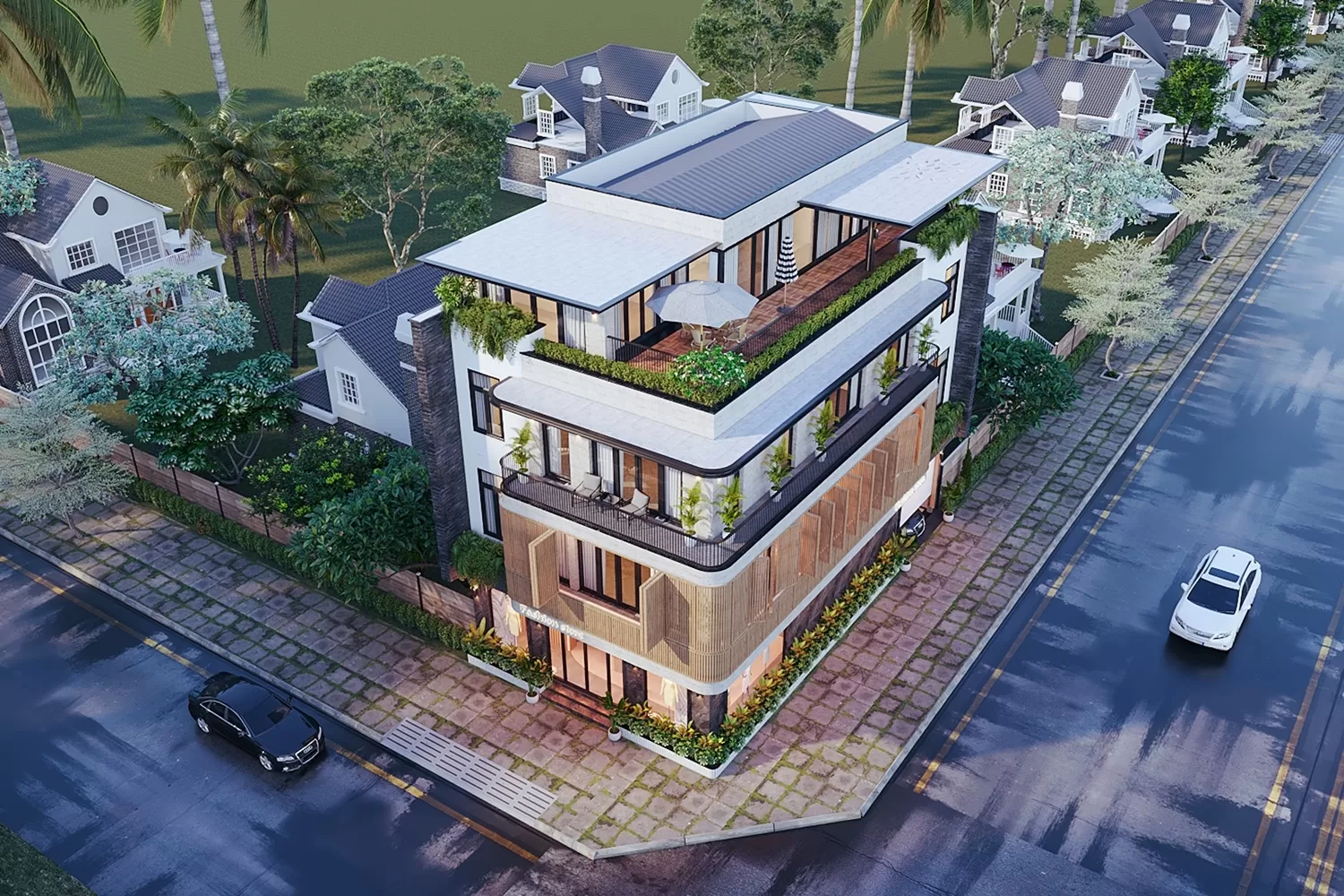 Mẫu nhà 3 tầng kiến trúc hiện đại sử dụng khu vực sân thượng và ban công trồng cây và rau xanh mát