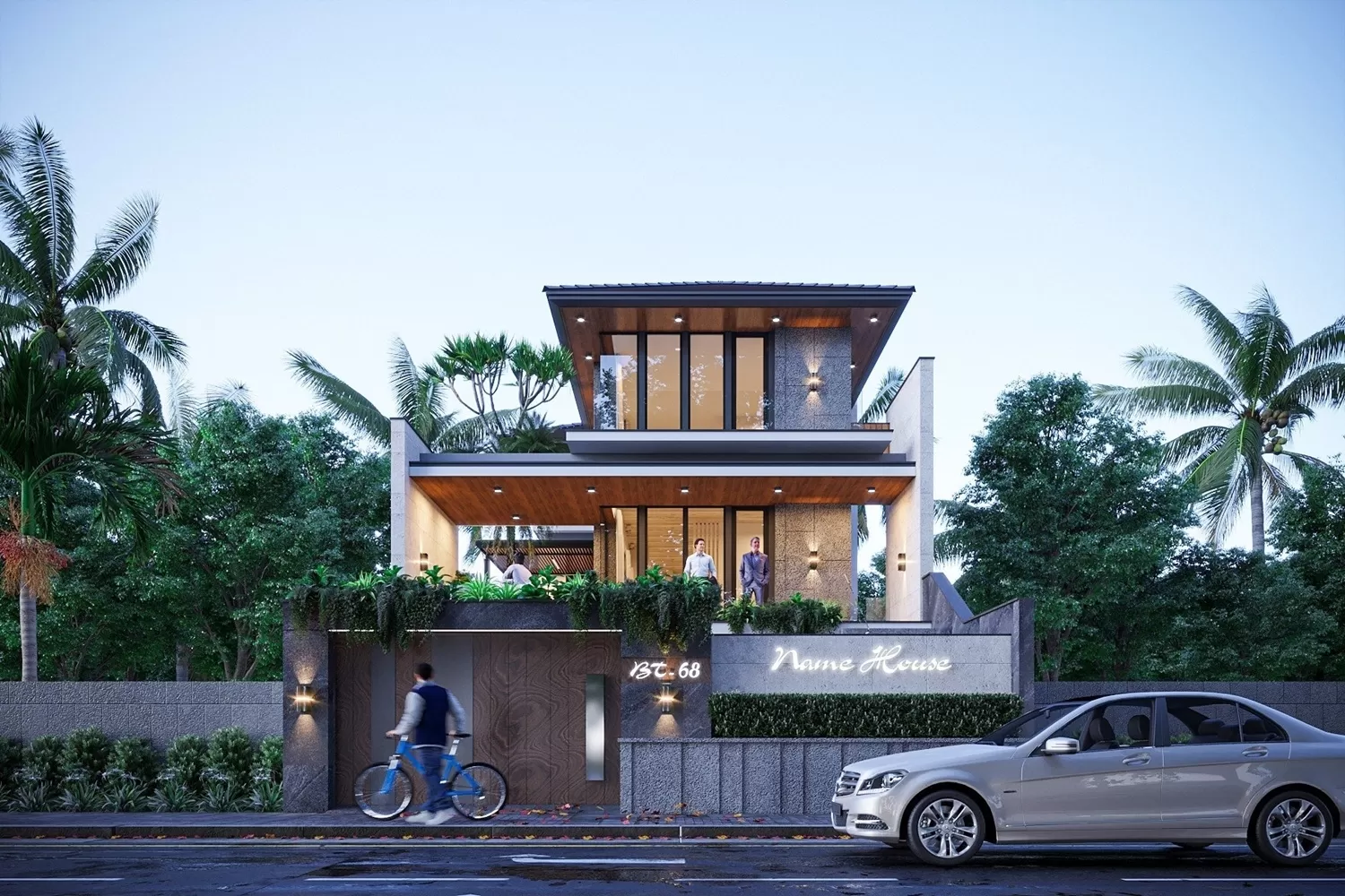 Mẫu nhà 3 tầng kiến trúc hiện đại sử dụng khu vực sân thượng và ban công trồng cây và rau xanh mát