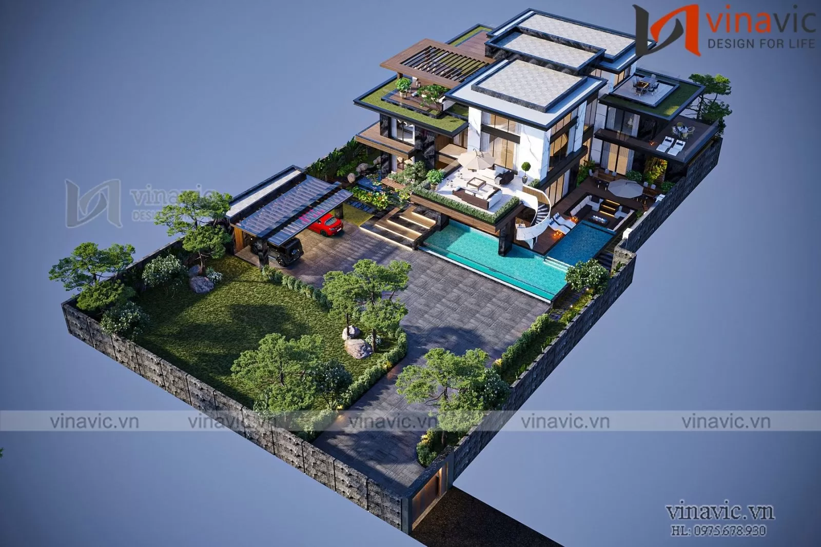 Mẫu nhà 3 tầng kiến trúc hiện đại sử dụng khu vực sân thượng và ban công trồng cây và rau xanh mát