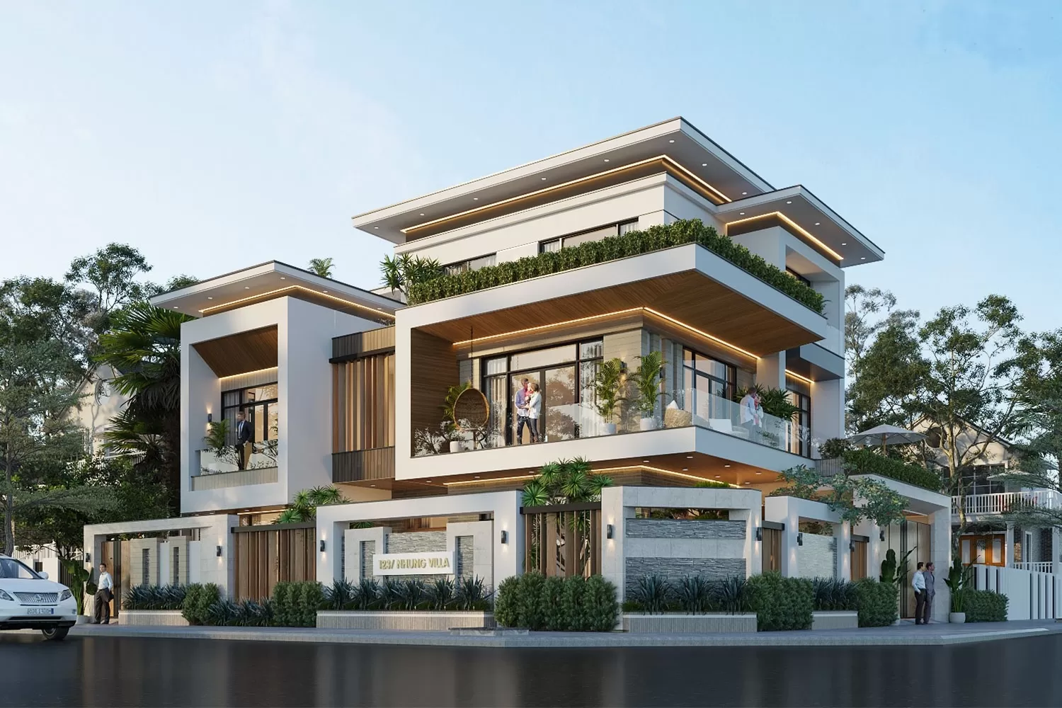 Mẫu nhà 3 tầng kiến trúc hiện đại sử dụng khu vực sân thượng và ban công trồng cây và rau xanh mát