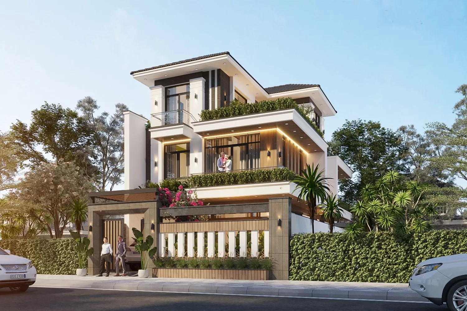 Mẫu nhà 3 tầng kiến trúc hiện đại sử dụng khu vực sân thượng và ban công trồng cây và rau xanh mát