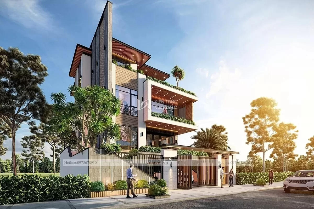 Mẫu nhà 3 tầng kiến trúc hiện đại sử dụng khu vực sân thượng và ban công trồng cây và rau xanh mát