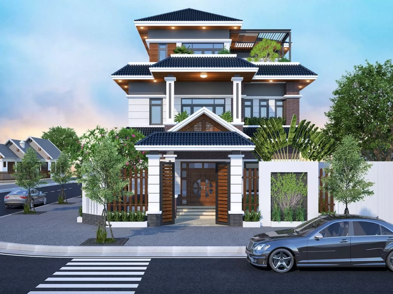 Kiểu dáng nhà 2 tầng mái nhật 1 tum đồng đều, cân đối
