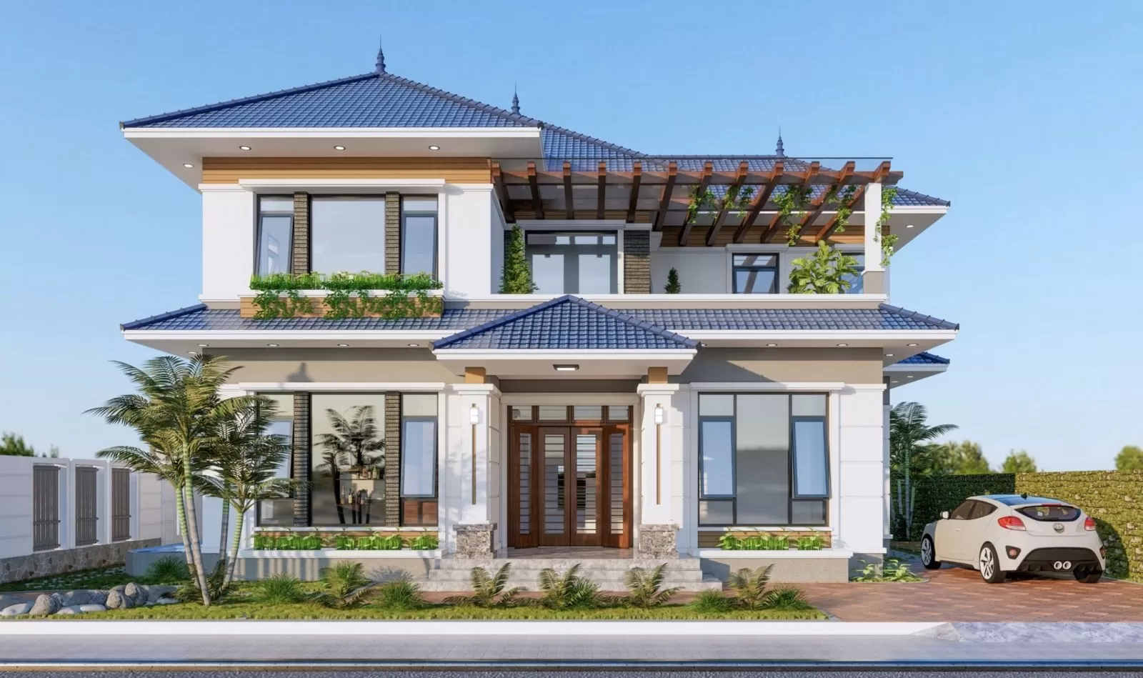 Nhà mái Nhật 2 tầng 1 tum có gara 75m2