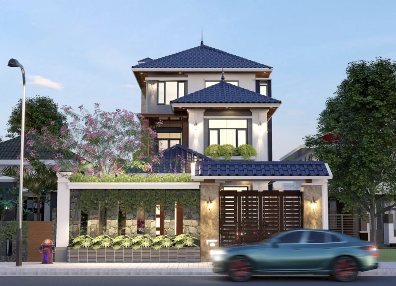 Nhà mái Nhật 2 tầng 1 tum phong cách tối giản