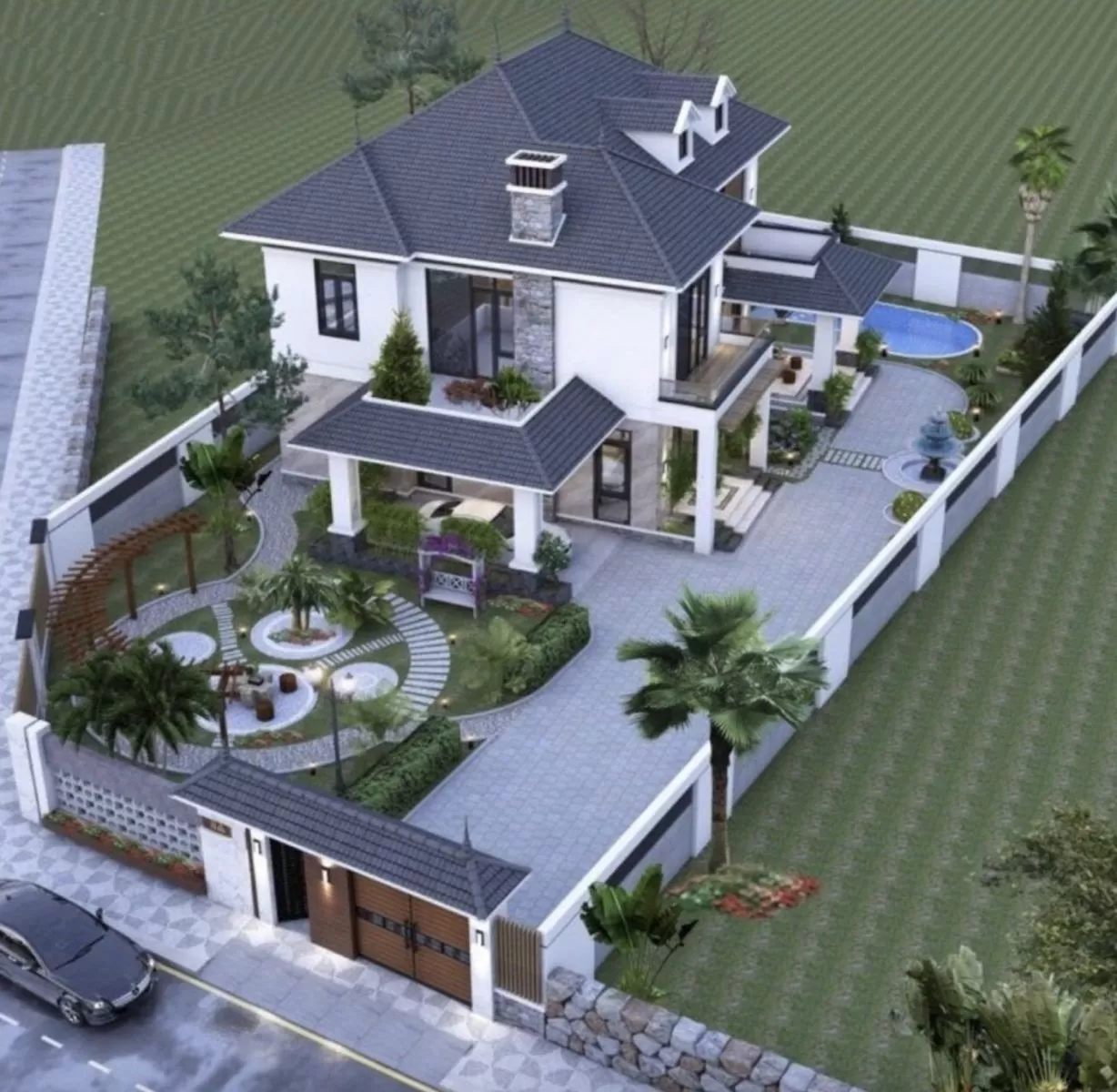Mẫu nhà mái nhật 2 tầng 1 tum có bể bơi sân vườn 150m2