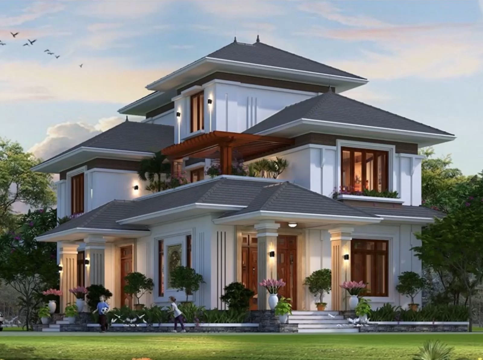 Mẫu nhà mái Nhật 2 tầng 1 tum có phòng bếp hiện đại ở nông thôn