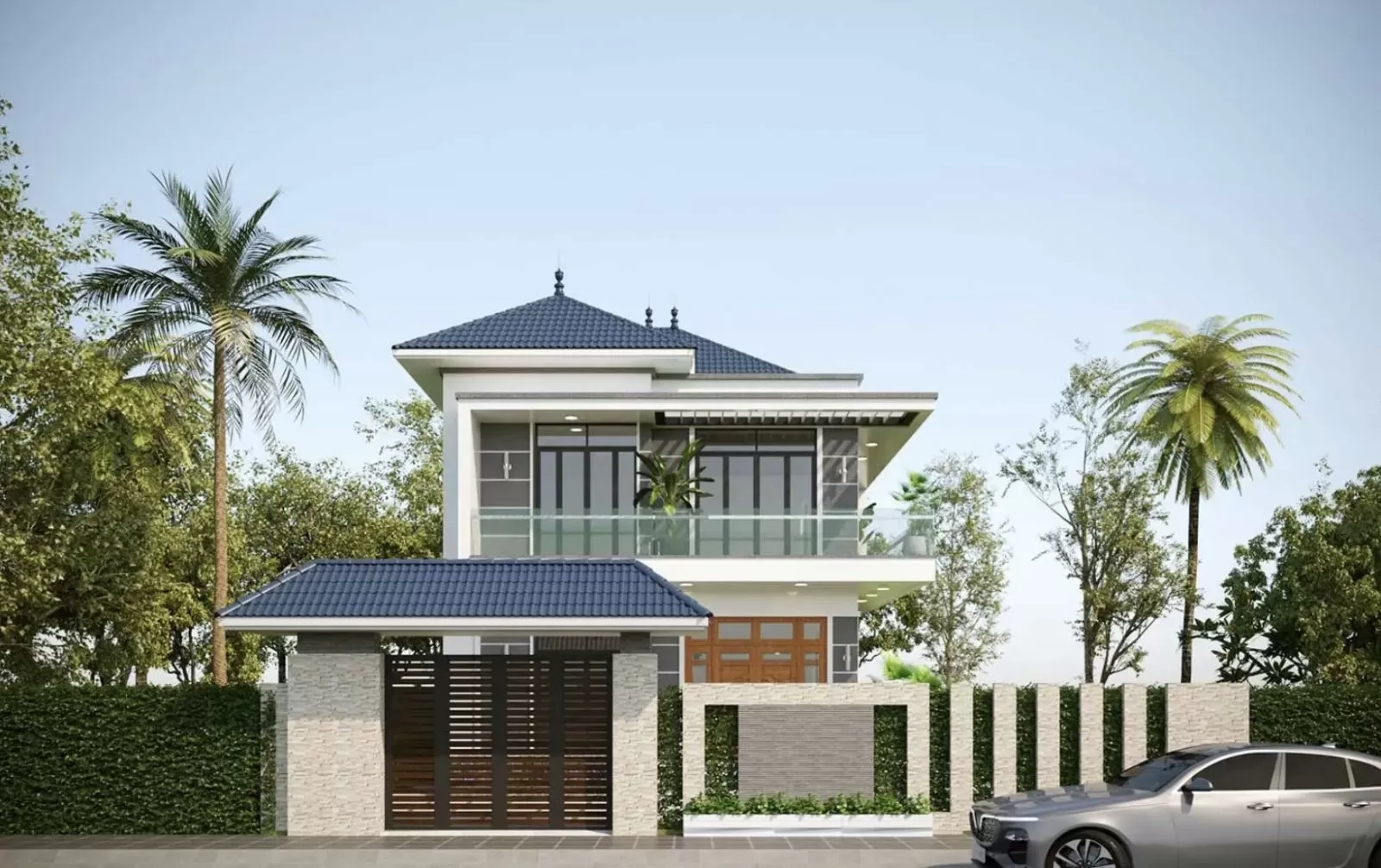 Nhà phố mái nhật 2 tầng hiện đại 100m2 có sân vườn trước nhà rộng