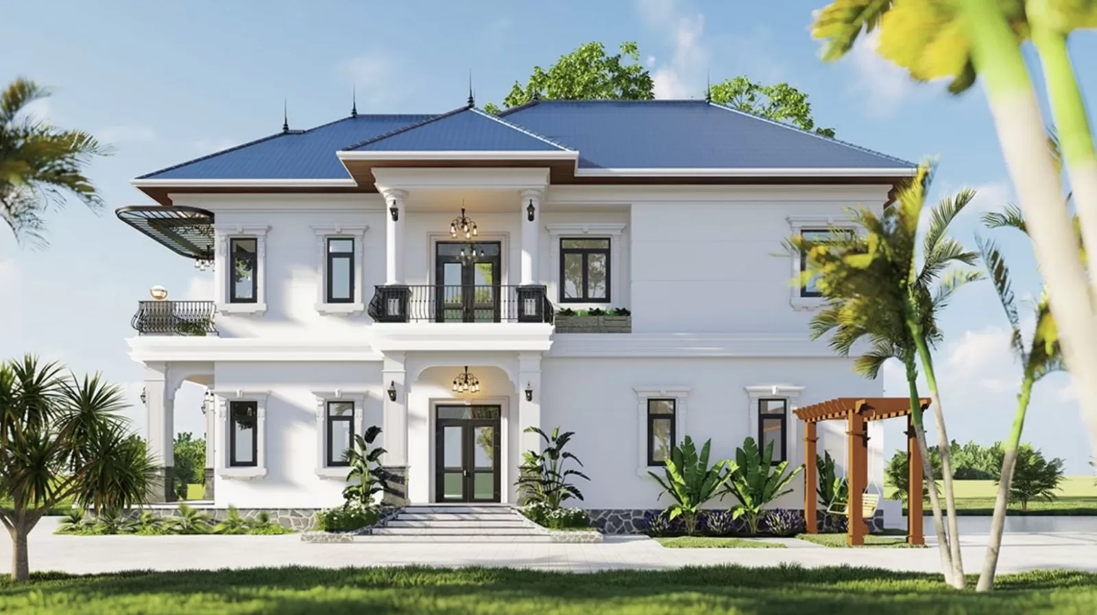 Mẫu nhà 2 tầng 800 triệu sân vườn mái nhật đẹp phong cách tân cổ điển trang nhã