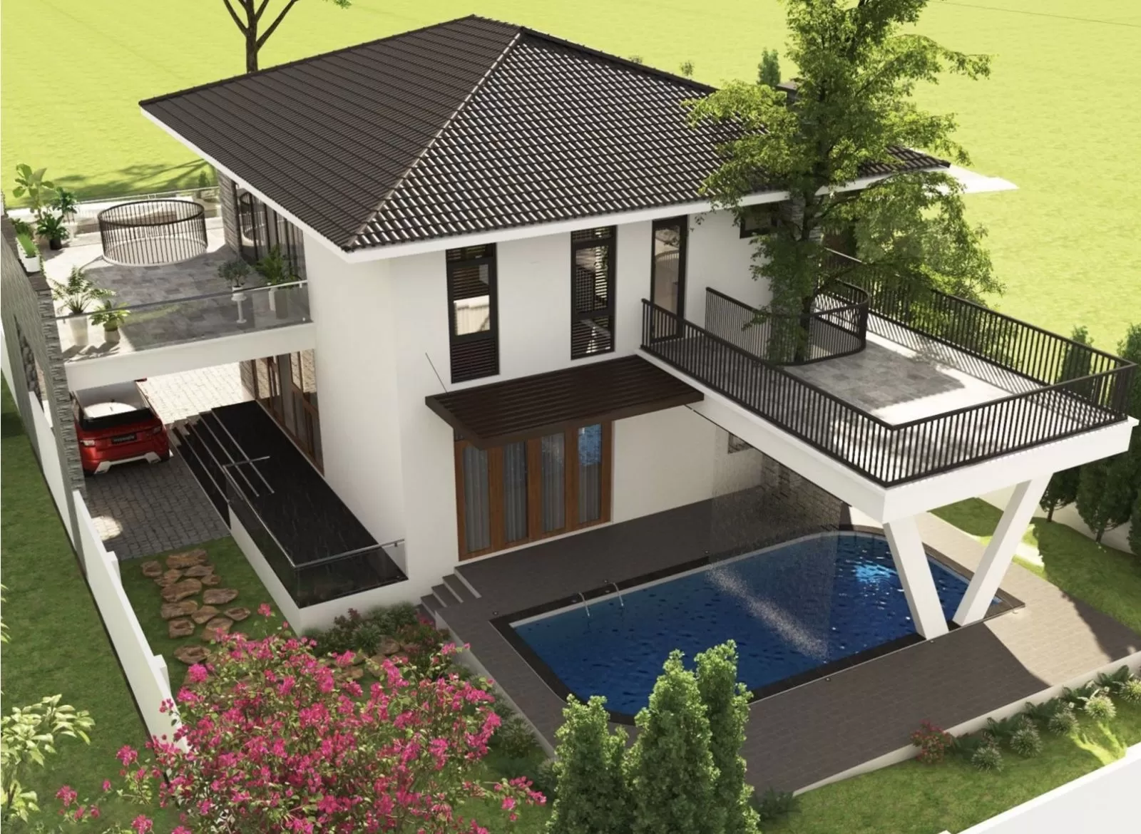 Mẫu nhà mái Nhật 2 tầng 800 triệu có hồ bơi riêng diện tích 80m2
