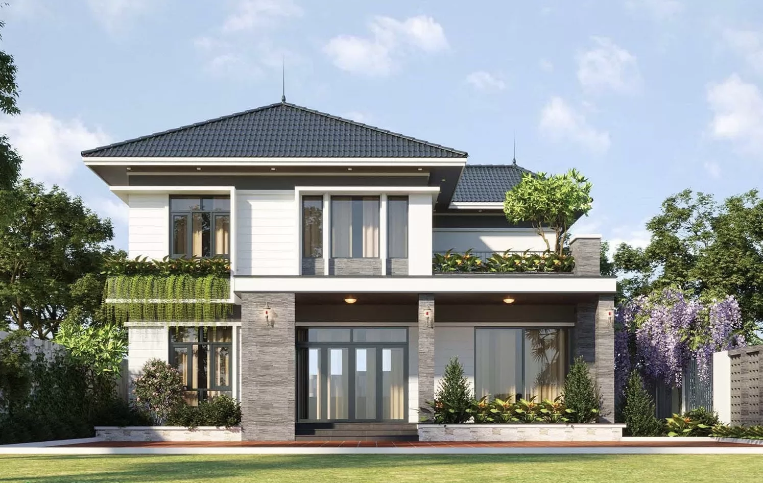 Thiết kế nhà vuông 2 tầng mái nhật 800 triệu phong cách biệt thự đồi núi