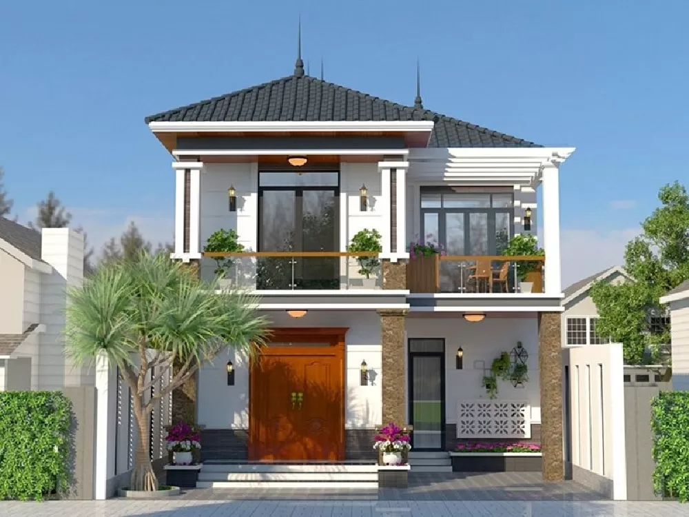Phối cảnh mẫu nhà 2 tầng 5 phòng ngủ mái nhật 100m2