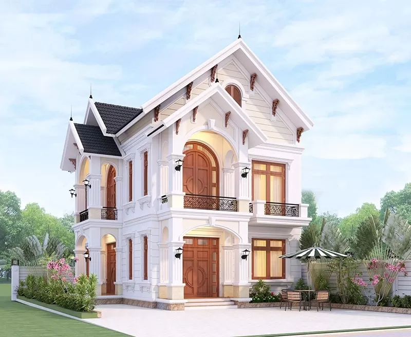 Thiết kế nhà vuông 2 tầng mái thái 120m2 với 4 phòng ngủ